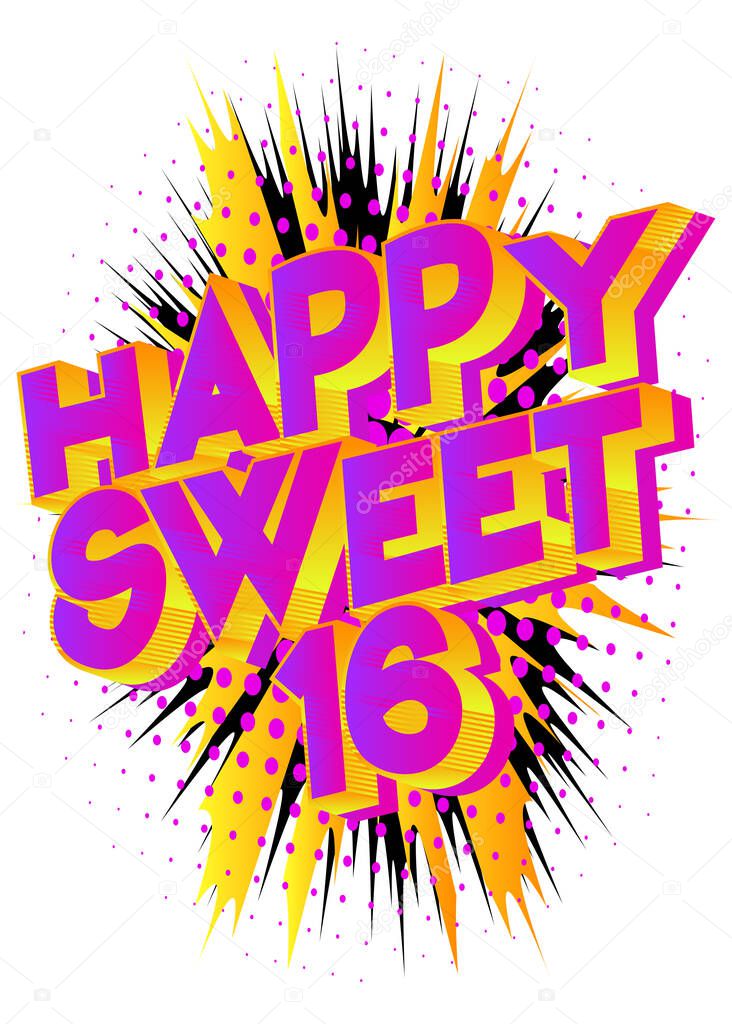 Happy Sweet Sixteen text on comic book background. Retro pop art comic style social media post, motion poster for the 16th birthday.