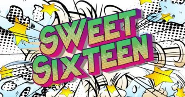 Çizgi roman arkaplanındaki renkleri değişen 4k animasyon Sweet Sixteen metni. Retro pop sanatının komik tarzı sosyal medya iletisi, hareket posteri.