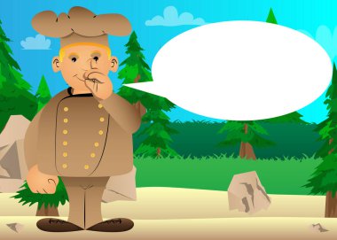 Üniformalı şişman, çizgi film şefi, sempatik. Vektör çizimi. Burnunda figüranla yemek pişirir..