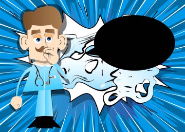 Sempati duyan komik çizgi film doktoru. Vektör çizimi. Burnunda parmak olan bir sağlık görevlisi..