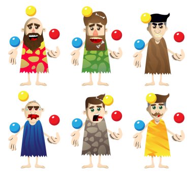 Çizgi film tarih öncesi adamı sirkte hokkabazlık yapıyor. Taş devrinden bir adamın vektör illüstrasyonu.