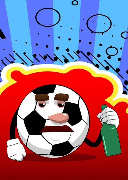 Fußballball Mit Einer Flasche Traditioneller Fußballball Als Comicfigur Mit Gesicht — Stockvektor