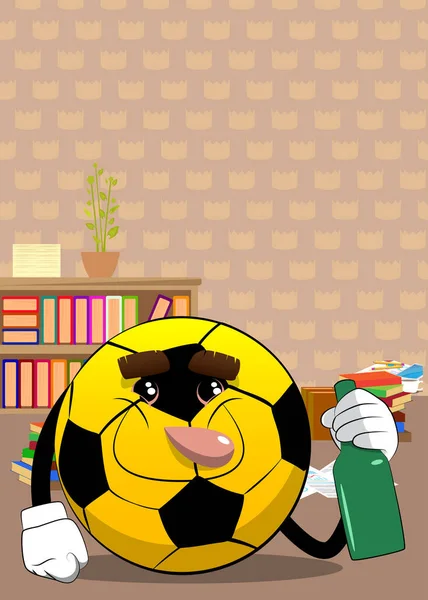 ボトルを持ったサッカーボール 顔を持つ漫画のキャラクターとしての伝統的なサッカーボール — ストックベクタ