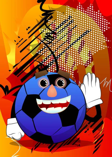 サッカーボールは彼の耳に手をつないで聞いている 顔を持つ漫画のキャラクターとしての伝統的なサッカーボール — ストックベクタ