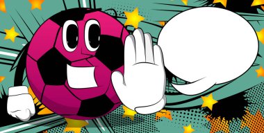 Futbol topu el hareketini reddediyor ya da reddediyor. Yüzü olan bir çizgi film karakteri olarak geleneksel futbol topu.