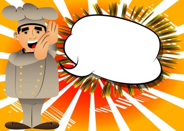 Üniformalı şişman erkek karikatür şefi iki elini de kulağına dayayıp dinliyor. Vektör illüstrasyonu.