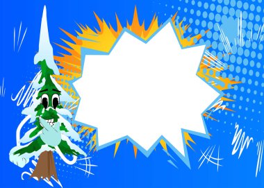 Cartoon winter pine trees with faces holding finger front of his mouth. Cute forest trees. Snow on pine cartoon character, funny holiday vector illustration.