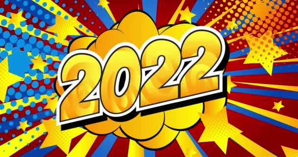 4Kアニメ2022色の変化と漫画の本の背景にテキスト 新年の挨拶 レトロなポップアート漫画スタイルのソーシャルメディアの投稿 モーションポスター 招待状 メッセージ — ストック動画