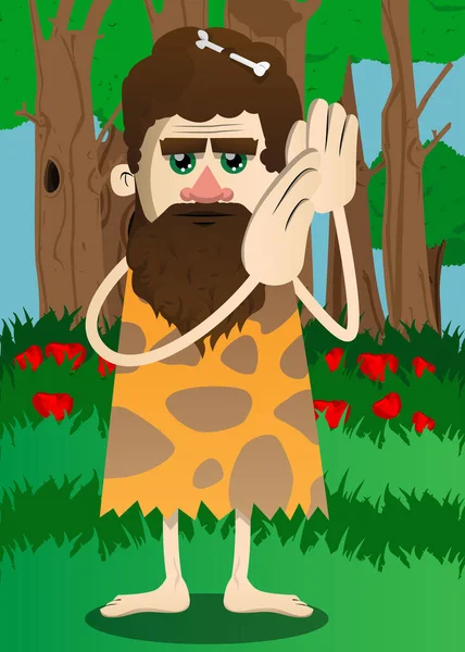 Cartoon Prehistoric Man Holds Both Hand His Ear Listening Vector — Διανυσματικό Αρχείο