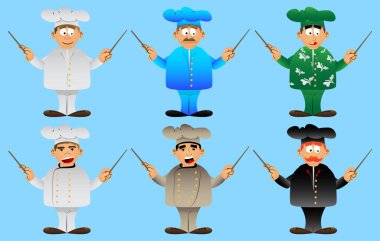 Orkestra şefi olarak üniformalı şişman erkek karikatür şefi. Vektör çizimi. Pişir, pişir, eğlen..