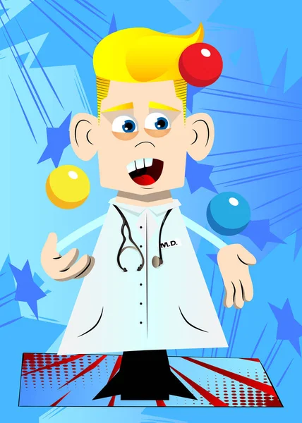 Dokter Juggler Kartun Yang Lucu Vektor Ilustrasi Lucu Petugas Kesehatan - Stok Vektor