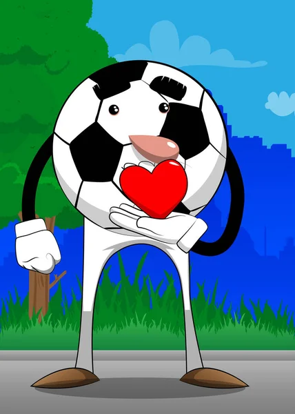 足球手拿着红心 传统足球作为一个卡通人物的脸 — 图库矢量图片