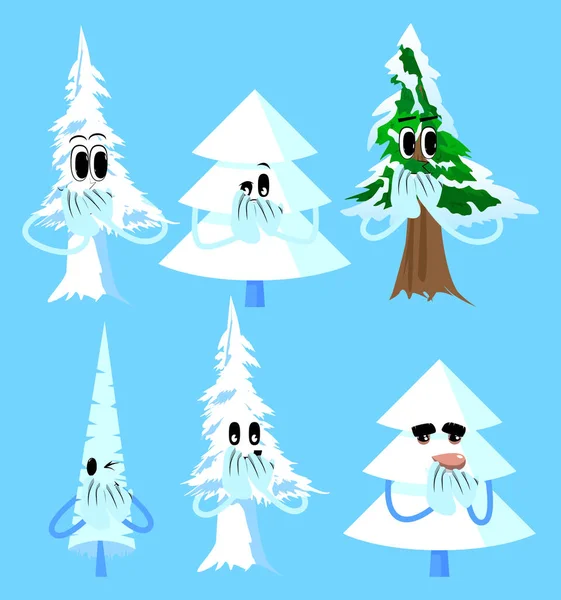 Cartoon Winter Pijnbomen Met Gezichten Met Handen Mond Leuke Bosbomen — Stockvector