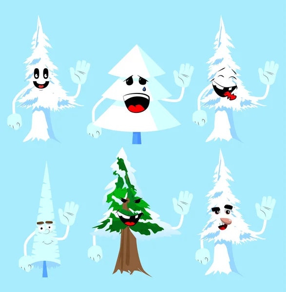 Cartoon Winter Pine Trees Faces Waving Hand Cute Forest Trees — Stockvector