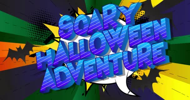 Ijesztő Halloween Kaland. Kísérteties ünnepi mozgókép poszter. 4k animált képregény szó szöveg változó színekkel absztrakt képregény háttér. Retro pop art stílus.