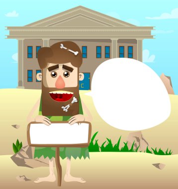 Ahşap üzerinde boş kağıtları olan tarih öncesi çizgi film adamı. Taş devrinden bir adamın vektör illüstrasyonu.