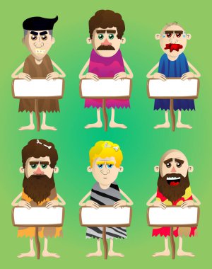 Ahşap üzerinde boş kağıtları olan tarih öncesi çizgi film adamı. Taş devrinden bir adamın vektör illüstrasyonu.