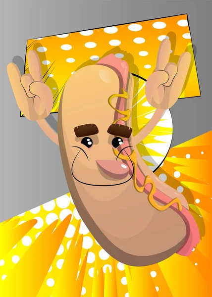Hot Dog Hands Rocker Pose American Fast Food Cartoon Character — Image vectorielle