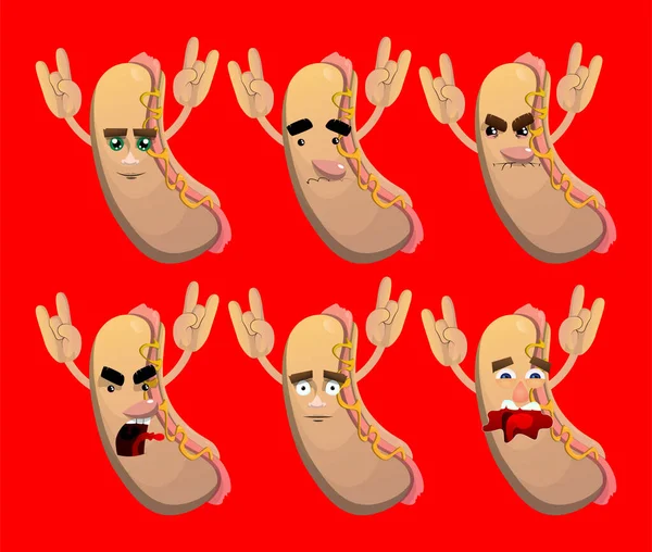 Hot Dog Hands Rocker Pose American Fast Food Cartoon Character — Vetor de Stock