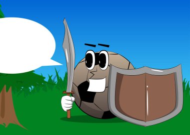 Soccer ball knight holding a sword and shield. Traditional football ball as a cartoon character with face.