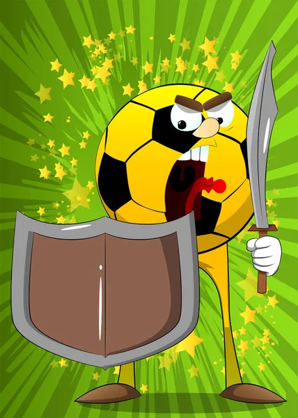 足球骑士拿着剑和盾牌 传统足球作为一个卡通人物的脸 — 图库矢量图片