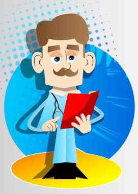 Açık bir kitabı okuyup işaret eden komik bir karikatür doktoru. Vektör çizimi. Sağlık öğretmeni, eğitimci..