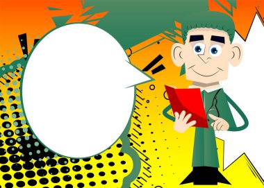 Açık bir kitabı okuyup işaret eden komik bir karikatür doktoru. Vektör çizimi. Sağlık öğretmeni, eğitimci..