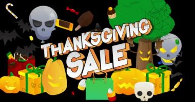 Thanksgiving Sale. Holiday motion poster. 4k animated Comic book word text with changing colors on abstract comics background. Retro pop art style.