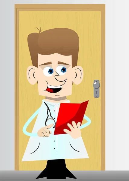 Funny Cartoon Doctor Reading Pointing Opened Book Vector Illustration Health — Stock Vector