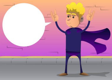 Elleri rockçı pozunda süper kahraman gibi giyinmiş komik çizgi film adamı. Vektör illüstrasyonu.