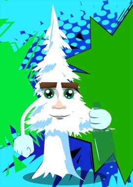 Çizgi film karakteri, elinde şişe tutan çam ağaçları. Şirin orman ağaçları. Çam çizgi film karakteri üzerinde kar, komik tatil vektör çizimi.