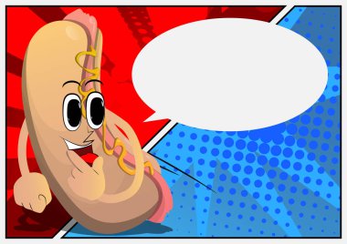 Hot Dog parmağını ağzının önünde tutuyor. Çizgi film karakteri olarak Amerikan fast food..