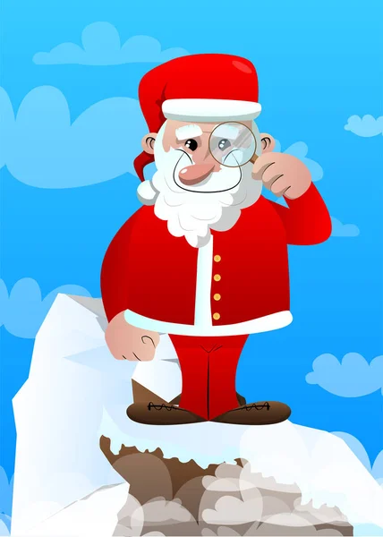 Beyaz Sakallı Elinde Büyüteç Olan Kırmızı Elbiseli Noel Baba Vektör — Stok Vektör