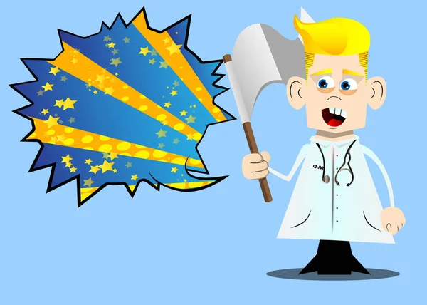 Funny Cartoon Doctor Holds White Flag Surrender Vector Illustration — Stock Vector