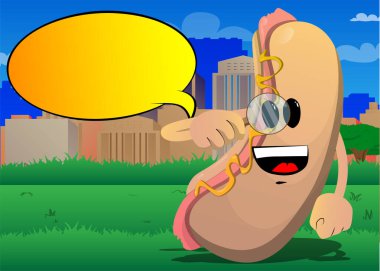 Hot Dog elinde büyüteç tutuyor. Çizgi film karakteri olarak Amerikan fast food..