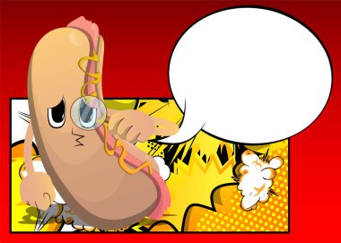 Hot Dog elinde büyüteç tutuyor. Çizgi film karakteri olarak Amerikan fast food..