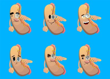 Hot Dog elinde büyüteç tutuyor. Çizgi film karakteri olarak Amerikan fast food..