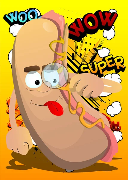 Hot Dog Tenant Une Loupe American Fast Food Comme Personnage — Image vectorielle