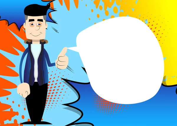 Kış için giyinmiş komik çizgi filmci. Baş parmak işareti yapıyor. Vektör illüstrasyonu.