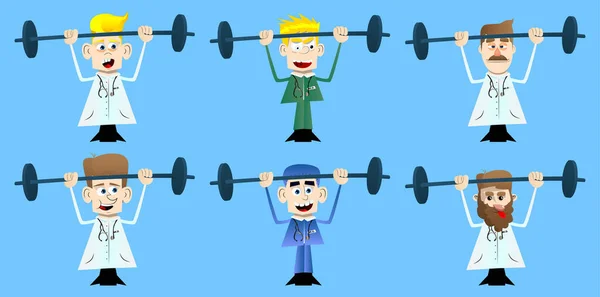 Funny Cartoon Doctor Weightlifter Lifting Barbell Vector Illustration Strong Health — Stock Vector