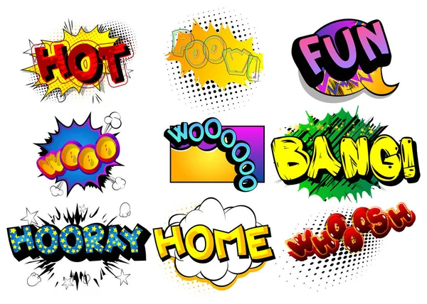 Hot Poow Fun Wooo Bang Hurra Home Whooosh Cartoon Wörter — Stockvektor