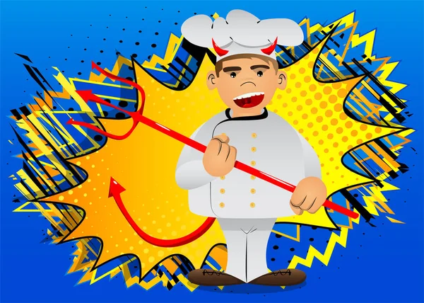 Dikke Mannelijke Cartoon Chef Uniform Duivel Met Hooivork Vectorillustratie — Stockvector