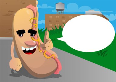 Hot Dog eliyle izleyiciyi işaret ediyor. Çizgi film karakteri olarak Amerikan fast food..