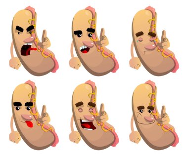 Hot Dog eliyle izleyiciyi işaret ediyor. Çizgi film karakteri olarak Amerikan fast food..