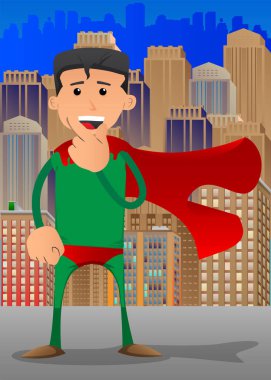 Süper kahraman kılığındaki komik çizgi film adamı parmağını ağzının altında tutuyor. Vektör illüstrasyonu.