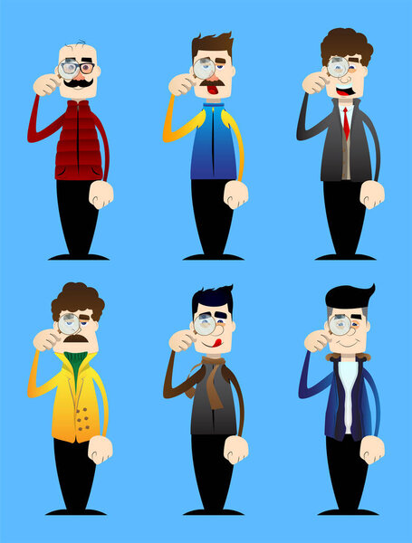 Смешной мультипликатор, одетый для зимы с лупой в руках. Векторная иллюстрация.