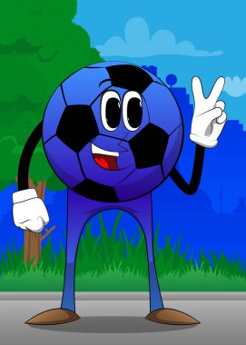 Futbol topu V işaretini gösteriyor, barış eli hareketi. Yüzü olan bir çizgi film karakteri olarak geleneksel futbol topu.