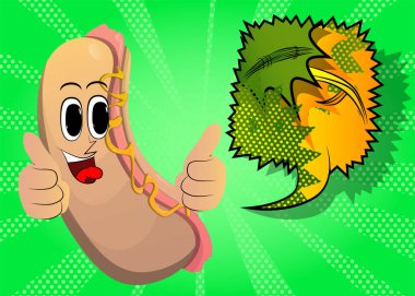 Hot Dog iki eliyle işaret veriyor. Çizgi film karakteri olarak Amerikan fast food..