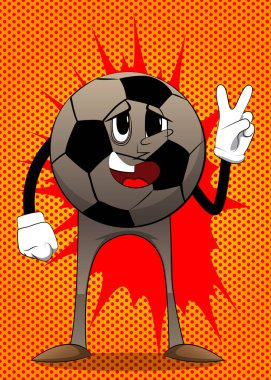 Futbol topu V işaretini gösteriyor, barış eli hareketi. Yüzü olan bir çizgi film karakteri olarak geleneksel futbol topu.