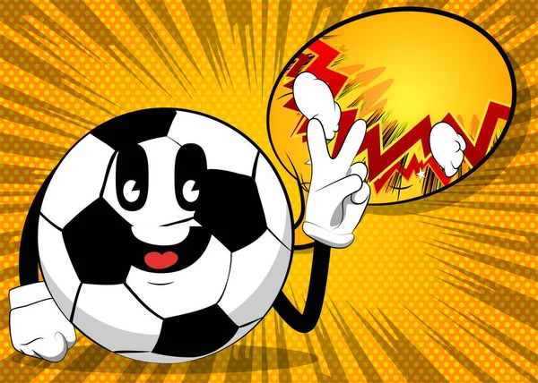 Vサイン 平和ハンドジェスチャーを示すサッカーボール 顔を持つ漫画のキャラクターとしての伝統的なサッカーボール — ストックベクタ